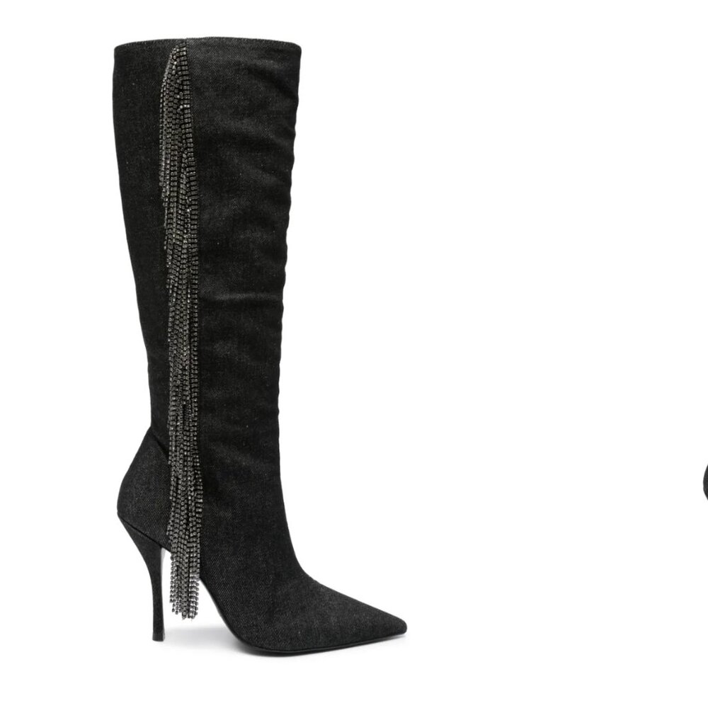 Stuart Weitzman Crystal Fringe Denim Stiletto Boots  size 7